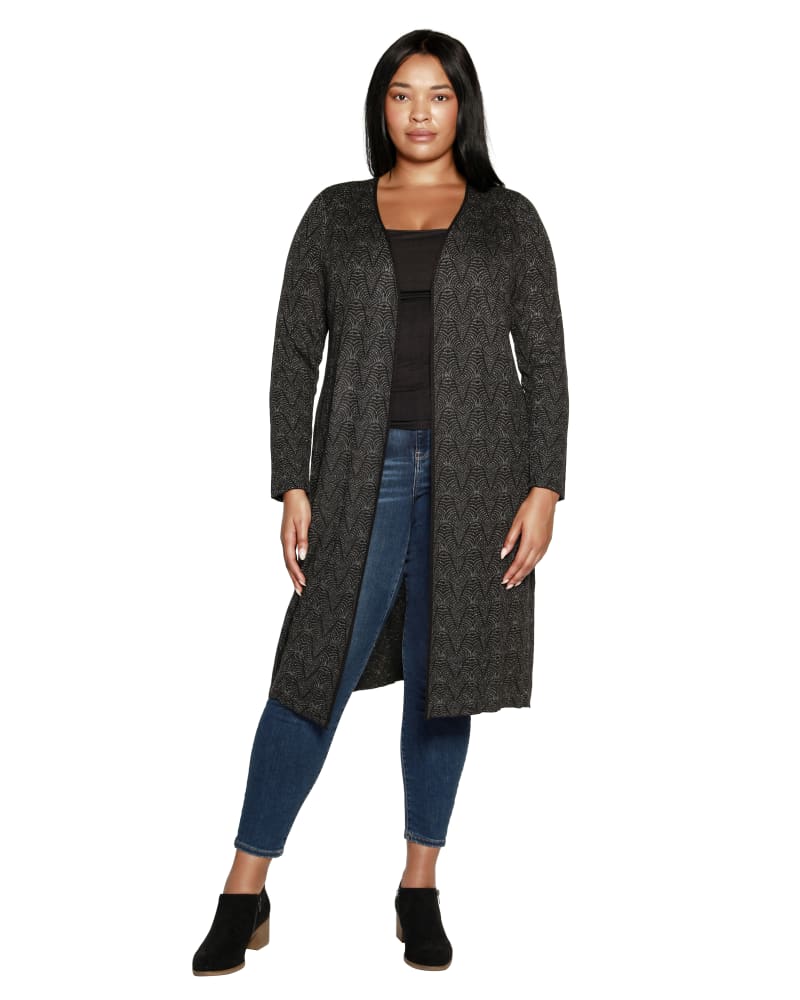 Front of a model wearing a size 3X Plus Size Lurex Long Cardigan in Black Pewter Combo by Belldini. | dia_product_style_image_id:319538